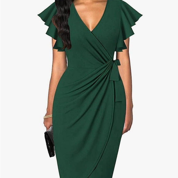 Hunter green wrap dress, body con with flutter sleeves. - Picture 6 of 6